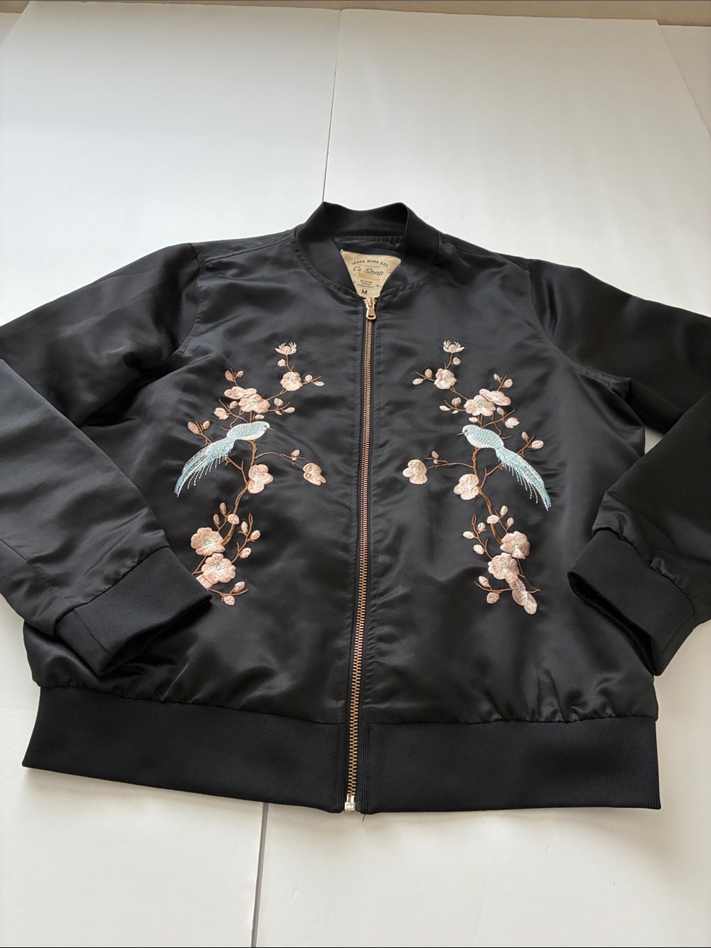 Ci Sono Embroidered Black Bomber Jacket with Floral & Bird Motif
